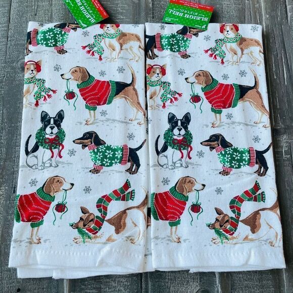 Christmas Dogs Print Holiday Kitchen Dish Towels Set - Picture 1 of 2